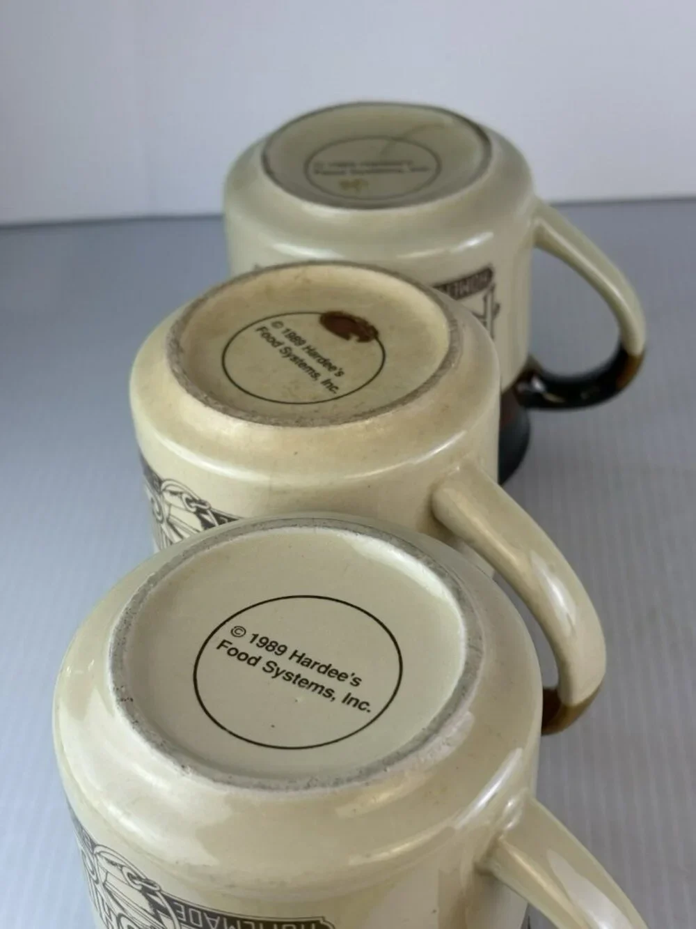 3 Hardees Coffee Mugs Brown Vintage 1989 Rise and Shine Retro Cabin Lodge Diner